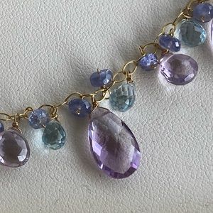 14kt yellow gold, blue topaz, amethyst, and tanzanite 17” necklace